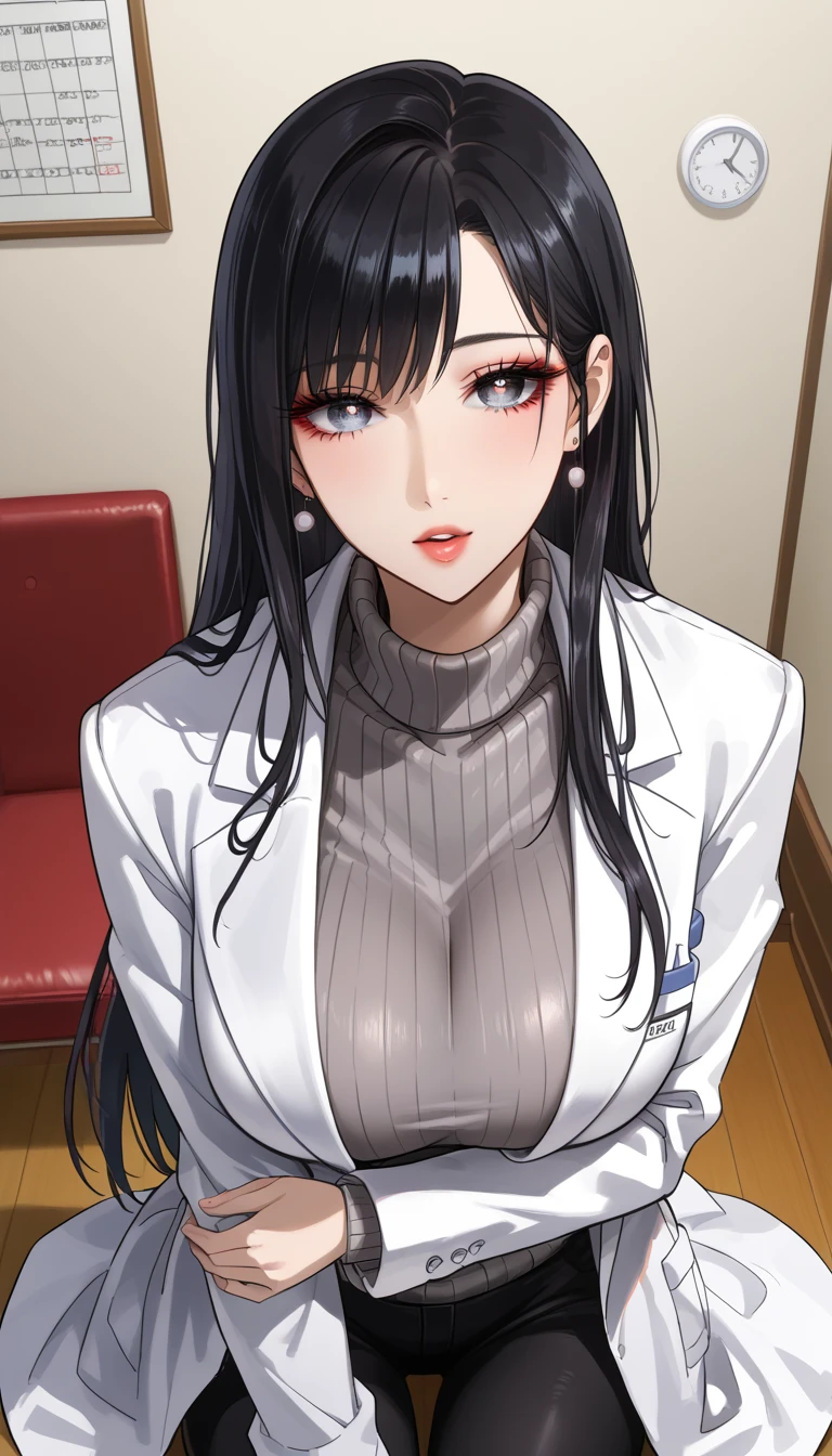  score_9,  score_8_up,  score_7_up,  source_Anime,masterpiece, best quality, BEAUTIFUL AND DETAILED EYES ,  beautiful detailed lips,  very detailed eyes and faces, long breasts, 1 female, Put on a white coat、 sweater under a white coat, doctor、 Grey Sweater 、 grey sweater、 Dowel Dowel Sweaters、Matte Clothes 、Black Skinny、 long black pants  , Big saggy breasts, shockingly  Big Breasts ,  Big Breasts , room,  No Emotion 、 zitales,  taken from above、 sit on a chair、makeup、 no makeup、 black hair、 long hair、 zitales、Desperate face