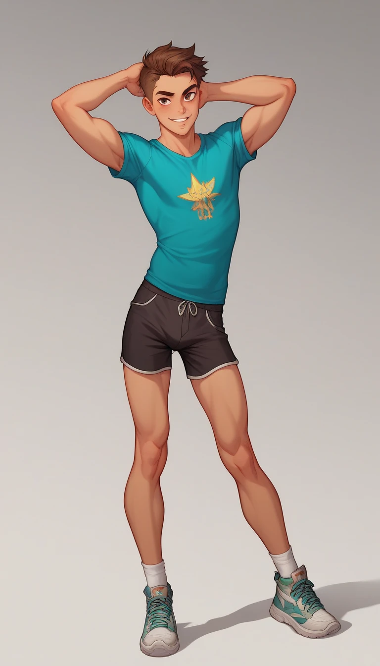 shirtless super muscular sweat-drenched 23-year old short black hair handsome caucasian male, camou pants, sneakers, in the park