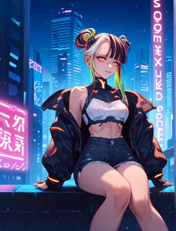 score_9, score_8_up, score_7_up, score_6_up, score_5_up, score_4_up, source_anime, BREAK, 1girl, cyberpunk, city, night, neon lights, multicolored hair, red eyes, glowing eyes, sitting, outdoors, buildings