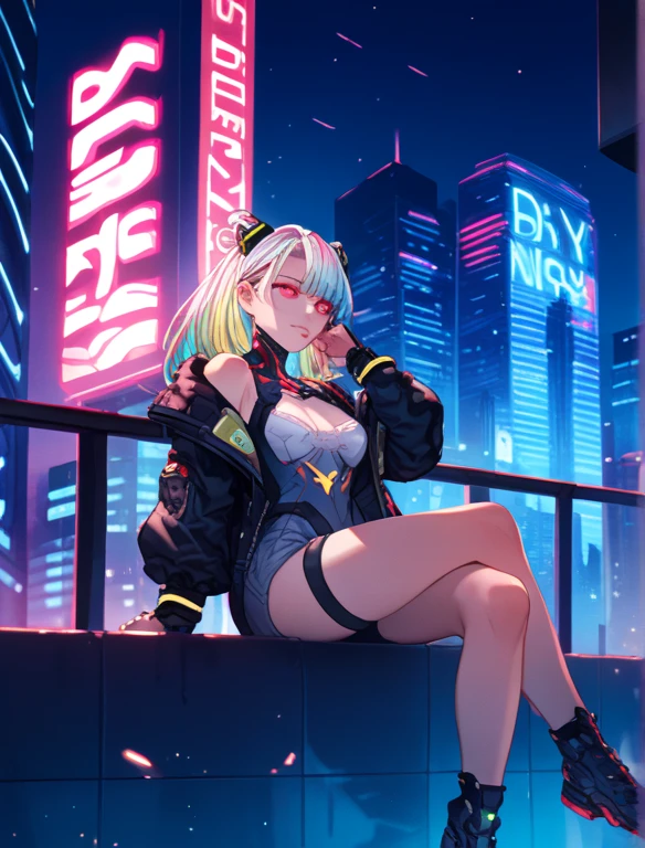 score_9, score_8_up, score_7_up, score_6_up, score_5_up, score_4_up, source_anime, BREAK, 1girl, cyberpunk, city, night, neon lights, multicolored hair, red eyes, glowing eyes, sitting, outdoors, buildings