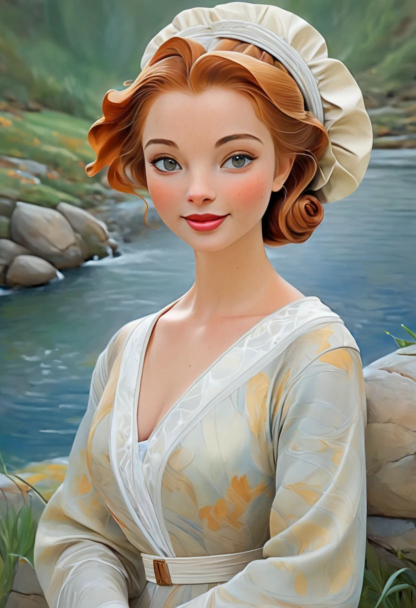 A refined oil painting of a sophisticated, high-society woman posed gracefully against a panoramic alpine vista. She stands elegantly, dressed in a flowing, off-shoulder gown in soft pastel shades that complement her fair, luminous complexion. Her features are soft and youthful, with a round, fuller face that exudes sweetness and innocence. Her large, expressive eyes—bright and shimmering—are framed by delicately arched brows and subtle makeup. She wears a warm, radiant smile, with her full, cherry-red lips capturing a sense of happiness and charm. Her golden-brown hair cascades in loose waves, framing her face and spilling onto her shoulders, adding to her gentle and approachable appearance. The background features a breathtaking alpine landscape, with majestic snow-capped peaks under a bright, clear blue sky. The sun bathes the scene in a warm glow, reflecting on a serene mountain lake surrounded by lush greenery, enhancing the vibrancy of the image. The interplay of light and shadow across the scene creates a harmonious balance, blending the subject with her natural surroundings while still making her the focal point. The painting technique showcases meticulous brushwork, with attention to detail in the fabric of her dress, the texture of her skin, and the dynamic, soft hues of the alpine background. The overall tone is one of elegance, warmth, and joy, capturing both sophistication and a youthful exuberance.
