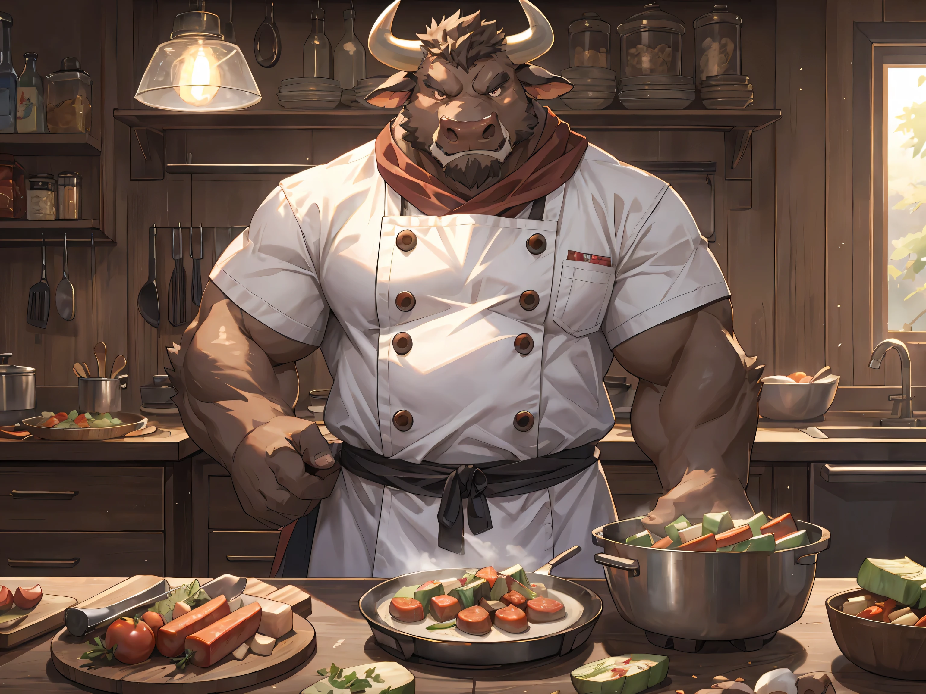 deep brown bovine, deep brown ox, deep brown bull, red scarf, ox horns, horns, Looking shyly at the camera, anger, Fat-enclosed muscle, Chef's uniform, kitchen, Cooking show, masterpiece, (16K), HD, Various facial details, detailed background, very detailed, dynamic poses, Eyes details,  high resolution, high quality, correct anatomy, cartoon, by lindong, by null-ghost, solo, Chopping vegetables, Fierce expression