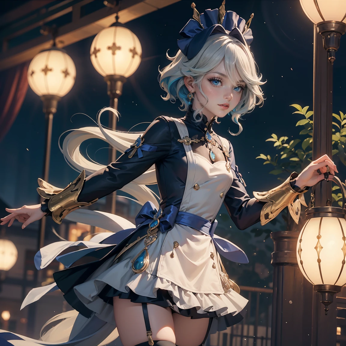 1girl, white roses, ornament hair, white roses on her hair, perfectly body, perfectly hands, white hair, blue hair, wave hair, long hair, ornament hair, long hair, garden scenery, night, shrine, chinese lantern, Looking at the viewer, flowing hair, Beautiful Eyes, Plump and glossy lips, fireflies in the air, maid, maid dress, maid headdress, maid apron, white dress with too many frills, black dress, blue laces, white Short skirt, Drape clothes, blue gem, Lace trim, gold jewelry, on the garden, outside, more details, best quality, Big sparkling eyes, blushing, white Striped Lace Stockings, blue Lolita skirt, sparkle, solo, centered girl, chinese temple, cowboy shot, upper body portrait, perfectly body, perfectly hands, fireflies in the air, two arms, two legs, two hands, five fingers, perfect anatomy, glowing hair, white roses, maid, maid dress, dress, solo, flowing hair, floating hair, ornament hair, perfectly body, perfectly hands, on the temple, sparkles, firefly, more details on her clothes, white dress with transparency, golden details on her dress, night, shrine, ((4k, masterpiece, top-quality)), 8k, best quality, high resolution, UHD, (illustration:0.8), super cute girl, delicate and beautiful face, mature girl, super cute hairstyle, (beautiful detailed eyes:1.6), extremely detailed face, perfect lighting, extremely detailed CG, (perfect hands, perfect anatomy), Best quality, cleavage, small skirt, full Body, two arms, two legs, two hands, five fingers