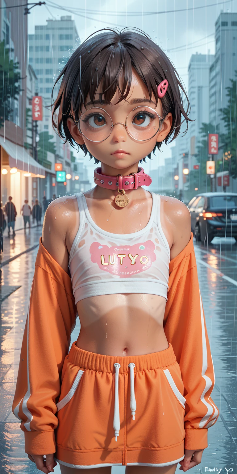 ****, ****, short hair, flat chest, tanlines, slutty clothes, round glasses, rain, city background, standing, pet collar