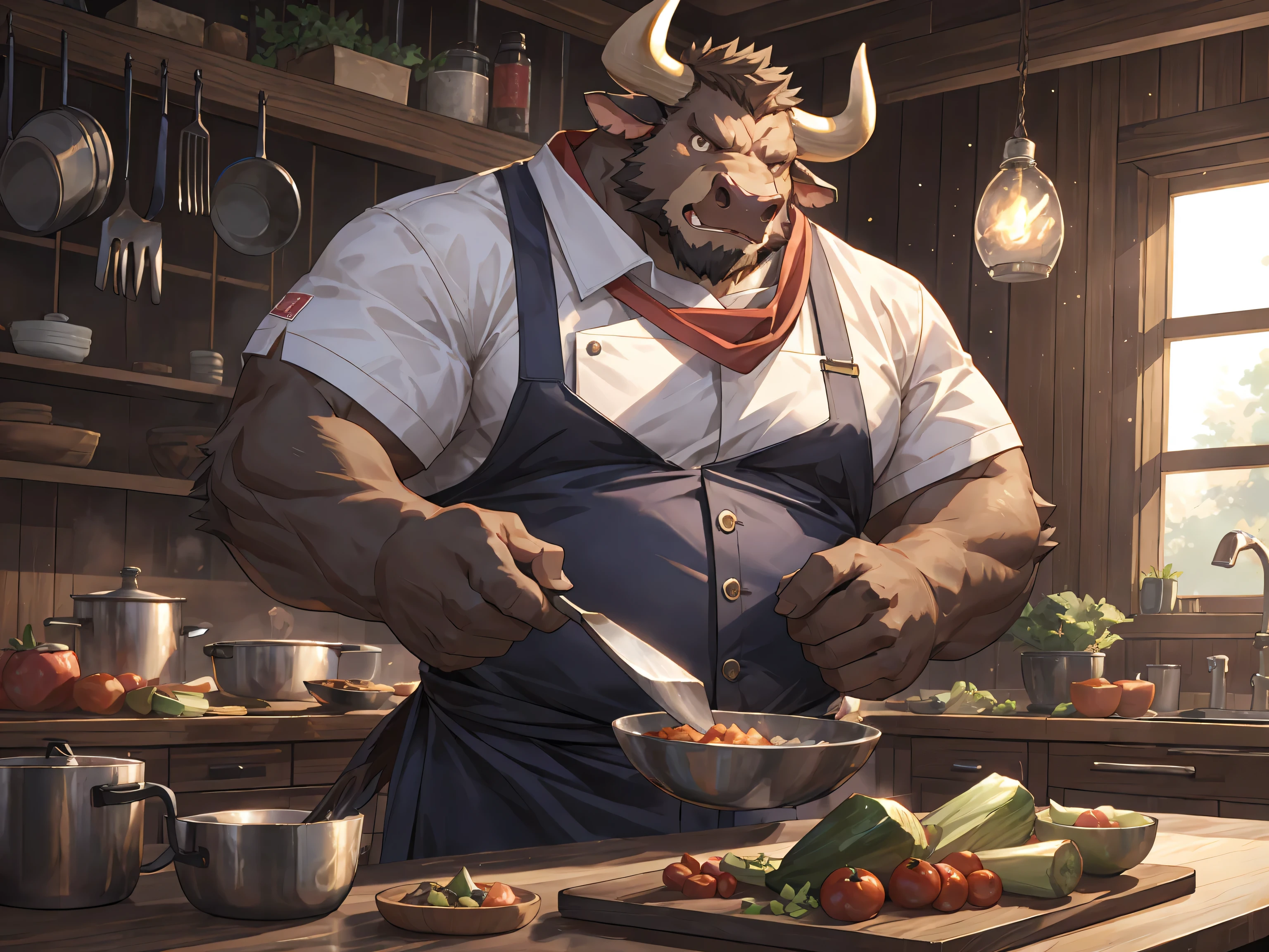 deep brown bovine, deep brown ox, deep brown bull, red scarf, ox horns, horns, Looking shyly at the camera, anger, Fat-enclosed muscle, Chef's uniform, kitchen, Cooking show, masterpiece, (16K), HD, Various facial details, detailed background, very detailed, dynamic poses, Eyes details,  high resolution, high quality, correct anatomy, cartoon, by lindong, by null-ghost, solo, Chopping vegetables, Fierce expression, nervous, surprised expression