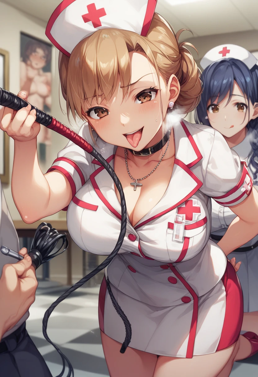 The background is a dark basement made of bricks 、Two women in their 20s with big breasts 、 Brown Eyes  、Yakumo Beni,  Let me wear clothes nurse clothes、holding a long whip in their hands ,  床に鞭を置け composition showing the floor from the ceiling 、cute anime style picture,   tongue,  rough breathing,  condescending face、 Panchira 