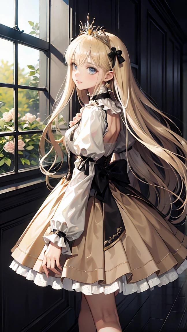 (8K,  better quality ,  masterpiece : 1.2),   Ultra high definition  ,, Marie Antoinette,  Ultra Detailed Face ,fine grain, Open your mouth slightly ,(blonde),long hair,  wavy hair in front of the station, BREAK,Rococo ruffle dress, Long sleeve dress,  The dress has a long skirt  , Baroque dress ,   intricate fantasy dress  ,  Beautiful glamorous dress ,  romantic dress,  Ruffle costume   ,lottery, Data style, formal wear, elegant fashion, palate colors include rosa and white,(rosa:1.5),Class A Smile,gold tiara,  collar , Sit in an elegant chair ,  practical needs   ,( Luz del arco iris :1.4),, Profile of a person looking out a window , The rosebush is reflected in the window ,(Inside Victoria Palace)、his eyes shine、今彼女のblondeの髪は腰まで伸びている、Pink and three color graduation, Thin rosa locks.   She wears a gold tiara with floral motifs  、 matching earrings  , White flower choker.  There is a small ribbon on the back {x} Profile of a person looking out a window {x} The rosebush is reflected in the window {x} She wears a gold tiara with floral motifs {x} There is a small ribbon on the back {x} Profile of a person looking out a window {x} The rosebush is reflected in the window {x} She we{ x} Her ruffled skirt is divided by a white line {x} pink {x} decorated with Flores,  The white sleeves are shaped like a cocoon  ..  A magenta ribbon runs down her chest ..、 Tie around the back of the neck 、Matching chest piece, decorated with flowers.  There is a small ribbon on the back ., Held with a large magenta ribbon.、decorated with gold,  There is a small ribbon on the back .. Her miniskirt、 She wears a gold tiara with floral motifs .  Profile of a person looking out a window , For white and light rosa shoes、ゆるいカフとdecorated with flowersたマゼンタのリボンがある.
