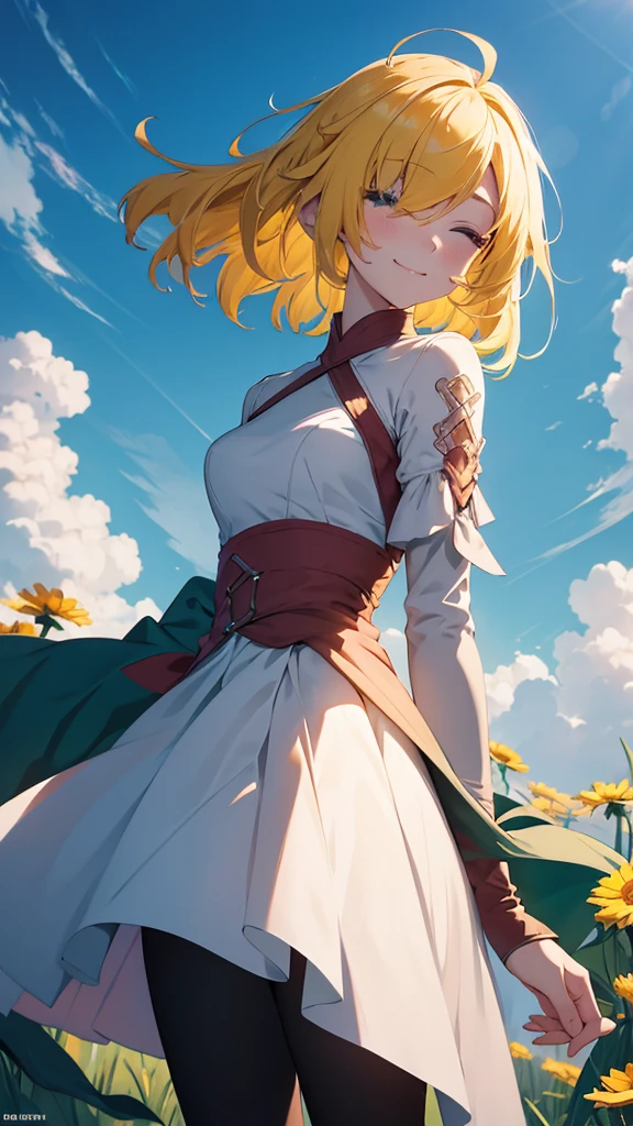 Superflat, Flat Shading, Flat Color, close, Low Angle, Wide-angle, One Girl， 19 years old, Asian, Wedding dress, Anime visuals of cute girls, Cute anime girl, , Cute Anime, Cute:2,  anime style 4 k, kawaii realistic portrait, cute anime style, young anime girl, Laid back girl, 1girl, future princess guardian tales, yellow hair, short hair, hair band, bangs, hair over one eye, one eye covered, smile happily, detailed beautiful eyes, blue eyes, Absurd, High resolution, ,  Standing in a flowery meadow，At dusk，Beautiful sunrise，dark，Vibrant colors，