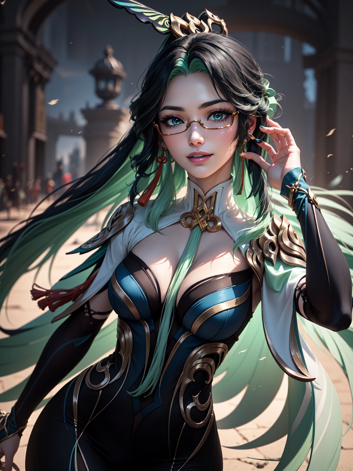 high quality, 8k, ultra detailed, 1 girl, (dynamic poses), ((xianyun, very long hair, hair ornament, semi-rimless eyewear, earrings)), standing, smile, photorealistic, cinematic lighting, intricate details, vibrant colors, masterpiece, award-winning art