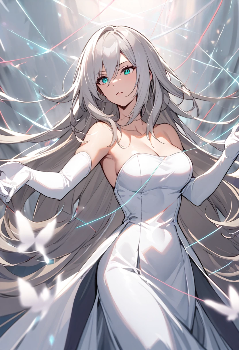 mature female, voluminous hair, slim, white dress, strapless dress, white gloves, elbow gloves, white hair, long hair, aqua eyes, medium breast, ((thread, cocoon))