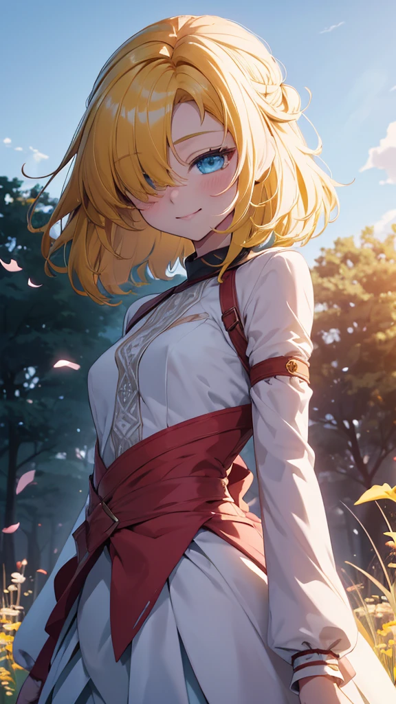 Superflat, Flat Shading, Flat Color, close, Low Angle, Wide-angle, One Girl， 19 years old, Asian, Wedding dress, Anime visuals of cute girls, Cute anime girl, , Cute Anime, Cute:2,  anime style 4 k, kawaii realistic portrait, cute anime style, young anime girl, Laid back girl, 1girl, future princess guardian tales, yellow hair, short hair, hair band, bangs, hair over one eye, one eye covered, smile happily, detailed beautiful eyes, blue eyes, Absurd, High resolution, ,  Standing in a flowery meadow，At dusk，Beautiful sunrise，dark，Vibrant colors，