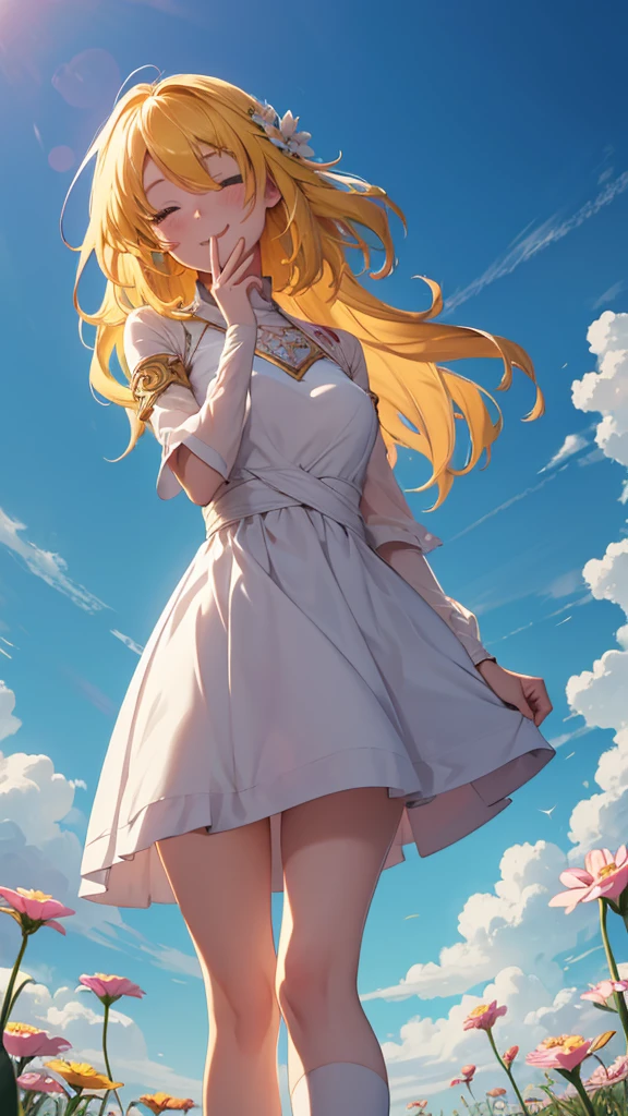 Superflat, Flat Shading, Flat Color, close, Low Angle, Wide-angle, One Girl， 19 years old, Asian, Wedding dress, Anime visuals of cute girls, Cute anime girl, , Cute Anime, Cute:2,  anime style 4 k, kawaii realistic portrait, cute anime style, young anime girl, Laid back girl, 1girl, future princess guardian tales, yellow hair, short hair, hair band, bangs, hair over one eye, one eye covered, smile happily, detailed beautiful eyes, blue eyes, Absurd, High resolution, ,  Standing in a flowery meadow，At dusk，Beautiful sunrise，dark，Vibrant colors，