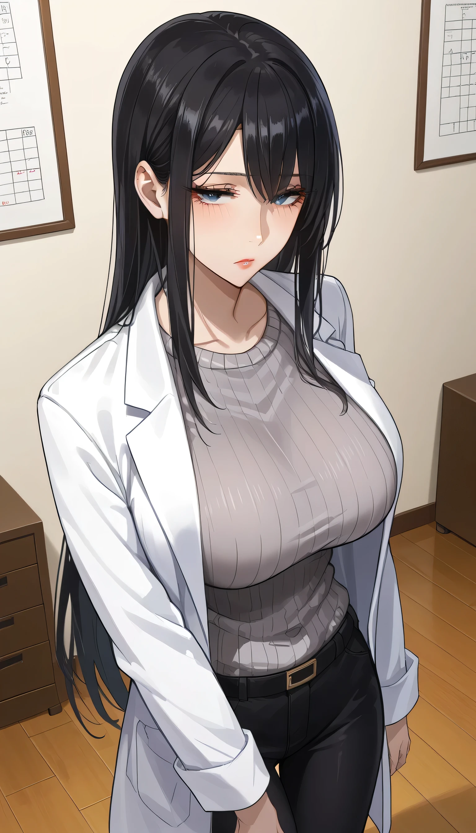  score_9,  score_8_up,  score_7_up,  source_Anime,masterpiece, best quality, BEAUTIFUL AND DETAILED EYES ,  beautiful detailed lips,  very detailed eyes and faces, tired look、 long breasts, 1 female, Put on a white coat、 sweater under a white coat, doctor、 Grey Sweater 、 grey sweater、 Dowel Dowel Sweaters、Matte Clothes 、Black Skinny、 long black pants  , Big saggy breasts, shockingly  Big Breasts ,  Big Breasts , room,  No Emotion 、 zitales,  taken from above、makeup、 no makeup、 black hair、 long hair、 zitales、A tired face、A painful face