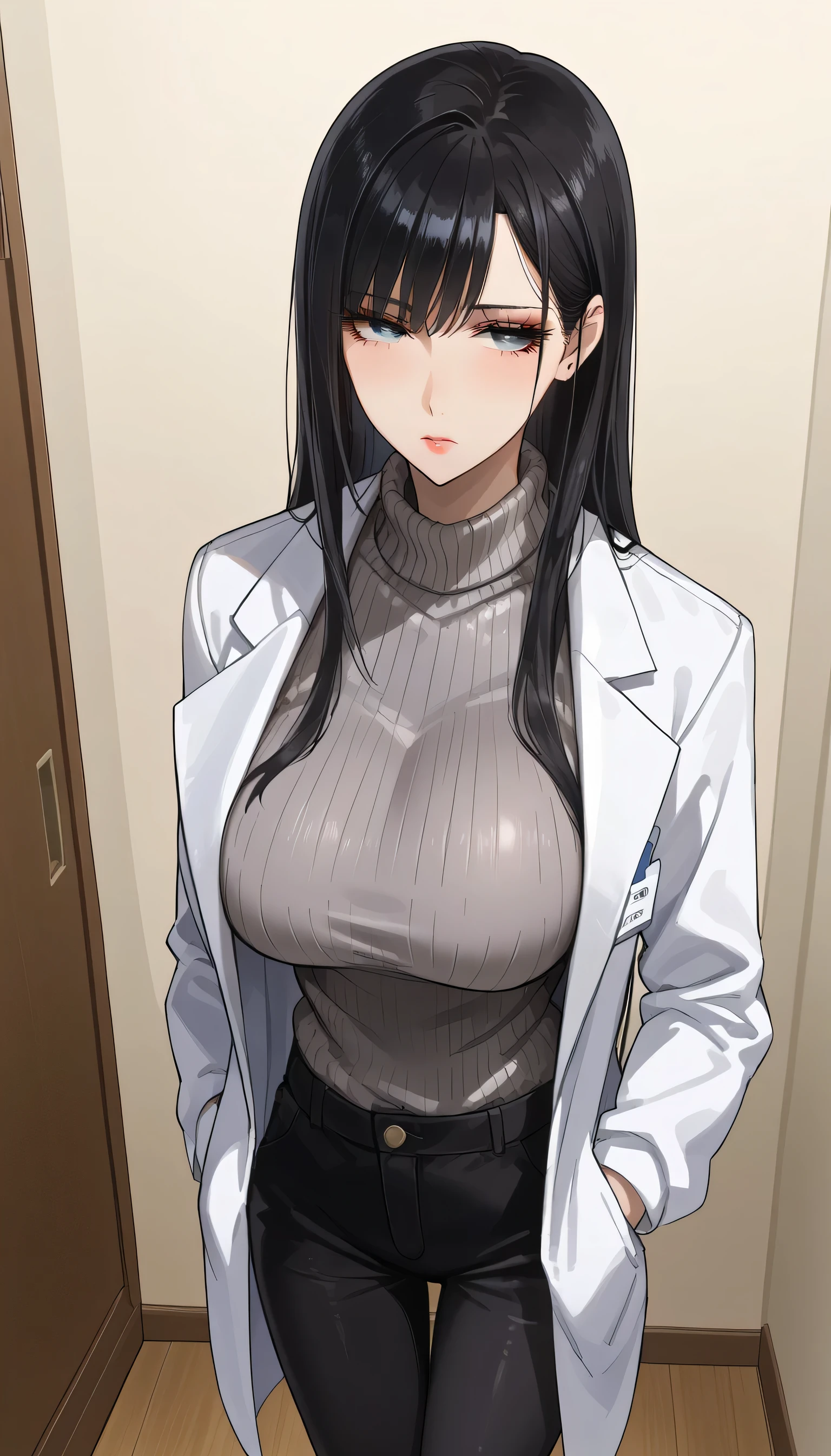  score_9,  score_8_up,  score_7_up,  source_Anime,masterpiece, best quality, BEAUTIFUL AND DETAILED EYES ,  beautiful detailed lips,  very detailed eyes and faces, tired look、 long breasts, 1 female, Put on a white coat、 sweater under a white coat, doctor、 Grey Sweater 、 grey sweater、 Dowel Dowel Sweaters、Matte Clothes 、Black Skinny、 long black pants  , Big saggy breasts, shockingly  Big Breasts ,  Big Breasts , room,  No Emotion 、 zitales,  taken from above、makeup、 no makeup、 black hair、 long hair、 zitales、A tired face、A painful face