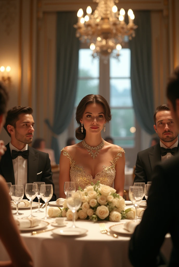 Background image depicting a party of wealthy adults