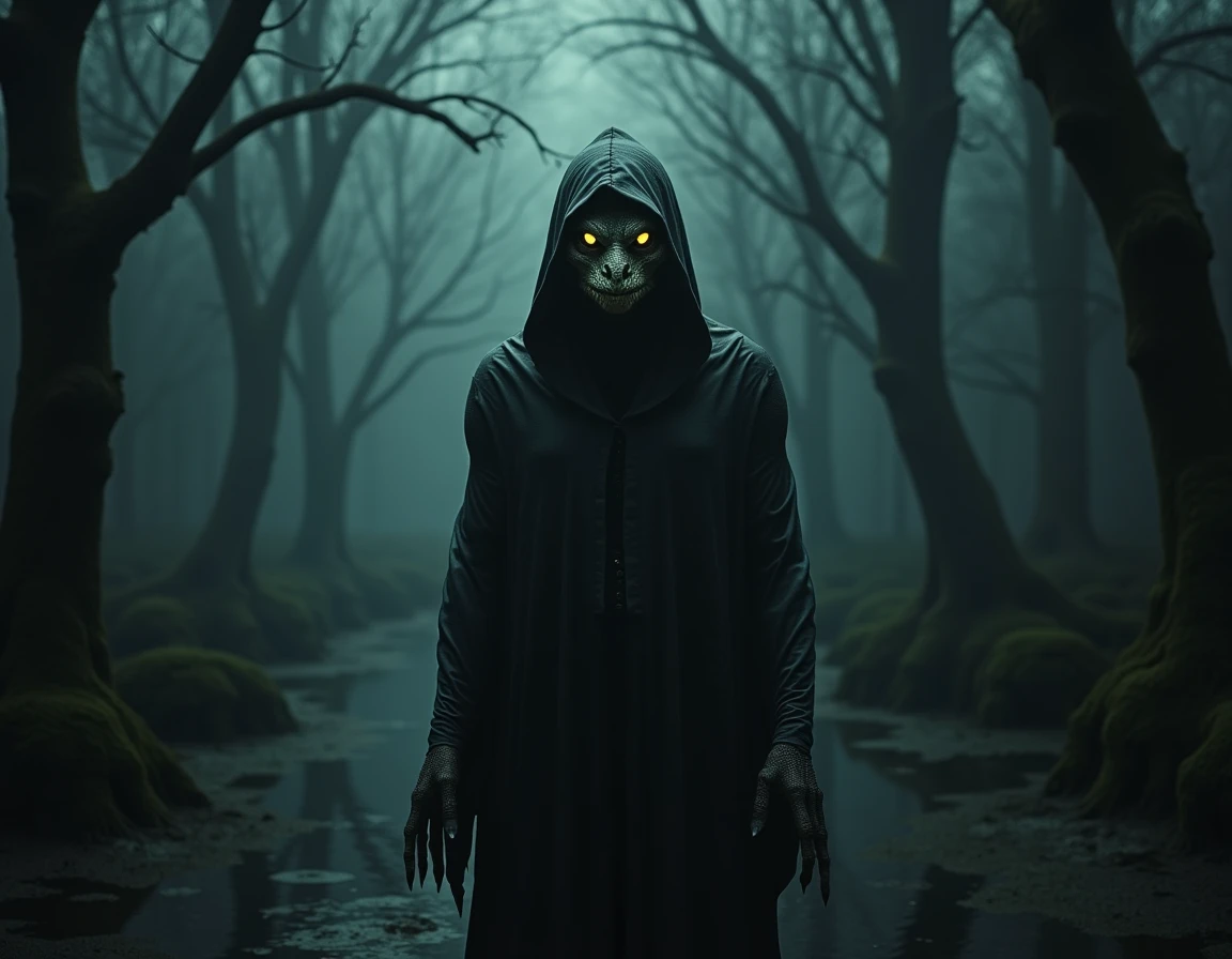 robed cultist hidden face evil murky green swamp background, mysterious. dark woods, dark swamp,gray haze, night,nighttime,foggy