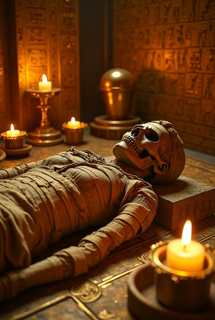 An ancient Egyptian tomb with a mummy and ominous symbols.