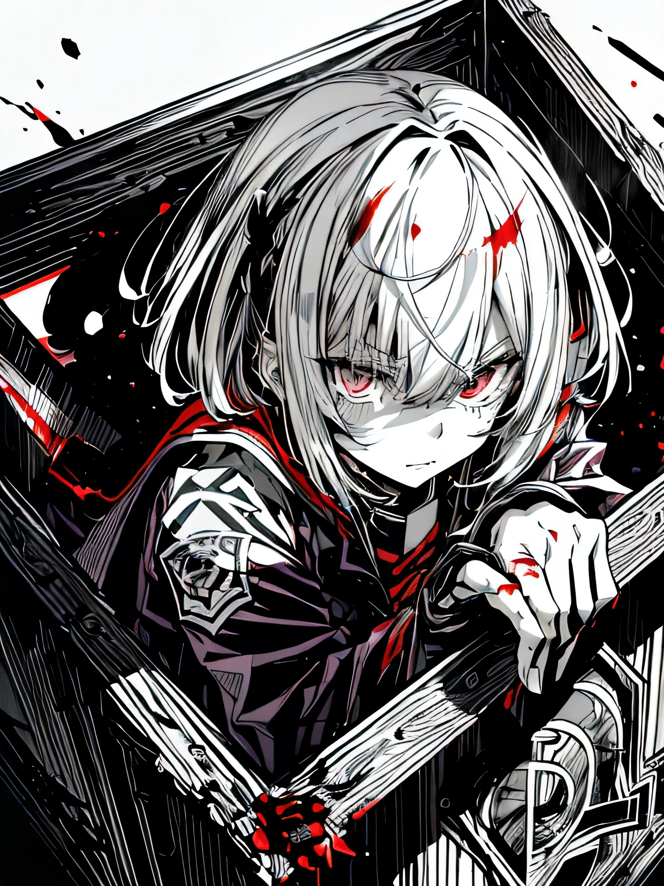 v5lcn style,Ink Art,( best quality,masterpiece:1.2),(black and white cartoon core :1.1),(Line art_Anime),( extremely high contrast),Dark Ink, one girl ,Black-haired, Shadow、8k,resolution, high school girls, sailor school uniform ,Blood splatter、Dark shades、Red tint、 white hair in a narrow box, bob short