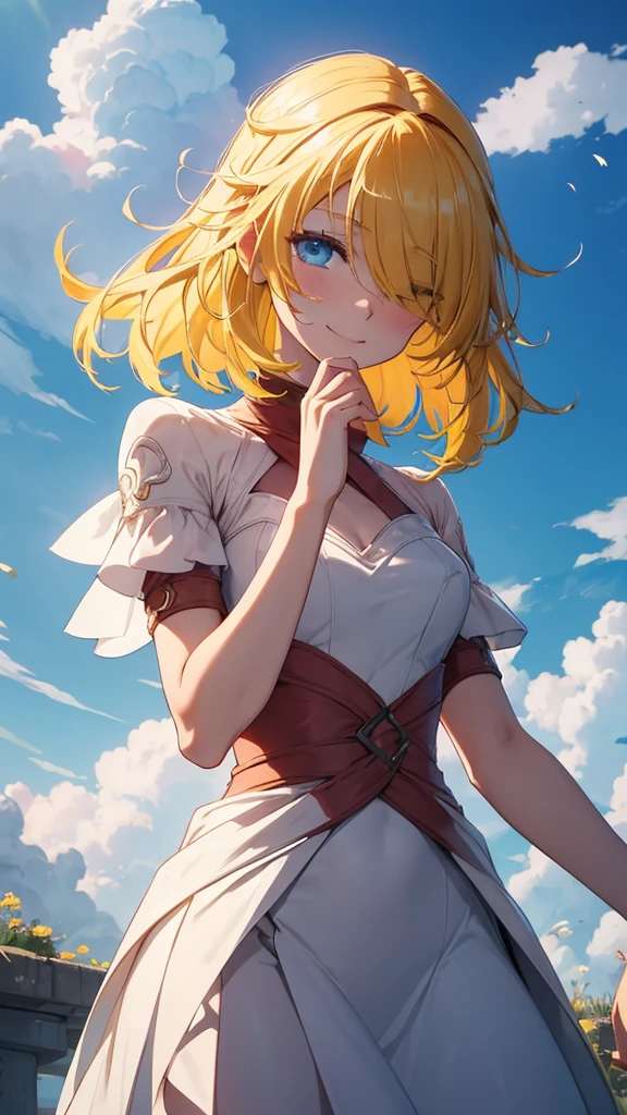 Superflat, Flat Shading, Flat Color, close, Low Angle, Wide-angle, One Girl， 19 years old, Asian, Wedding dress, Anime visuals of cute girls, Cute anime girl, , Cute Anime, Cute:2,  anime style 4 k, kawaii realistic portrait, cute anime style, young anime girl, Laid back girl, 1girl, future princess guardian tales, yellow hair, short hair, hair band, bangs, hair over one eye, one eye covered, smile happily, detailed beautiful eyes, blue eyes, Absurd, High resolution, ,  Standing in a flowery meadow，At dusk，Beautiful sunrise，dark，Vibrant colors，