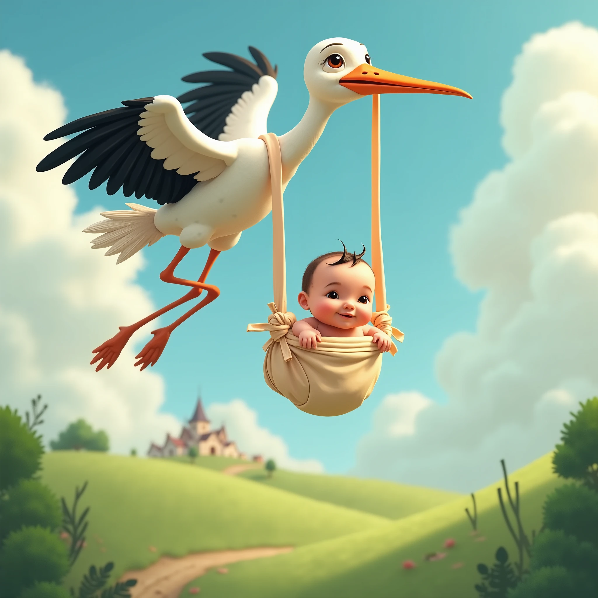 Inspired by the drawings and arts and 3D characters of Disney Pixar, create the image of a stork with a in its beak. It carries it through a diaper that is tied to its beak. It carries it through an improvised diaper as if it were a swing. It holds the diaper through the knot with its beak and goes far away to deliver it to a family.