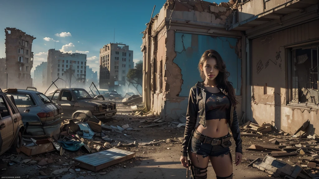 masterpiece, high resolution,8K,(Portrait Photos:1.5),(R Original Photo),Reality,Digital Photography,(Apocalyptic ruins ),City ruins，beautiful 20 year old woman，sentry， post-apocalyptic scene，Medium distance photography， broken clothes