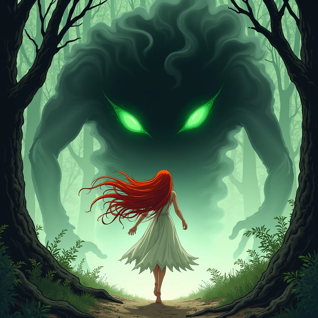cinematic still, filmed by Guillermo del Toro, Amidst a deep dark forest, an enigmatic being appears--an amalgamation of flora and fauna, with vines for hair, eyes gleaming like embers, and skin adorned with iridescent scales 