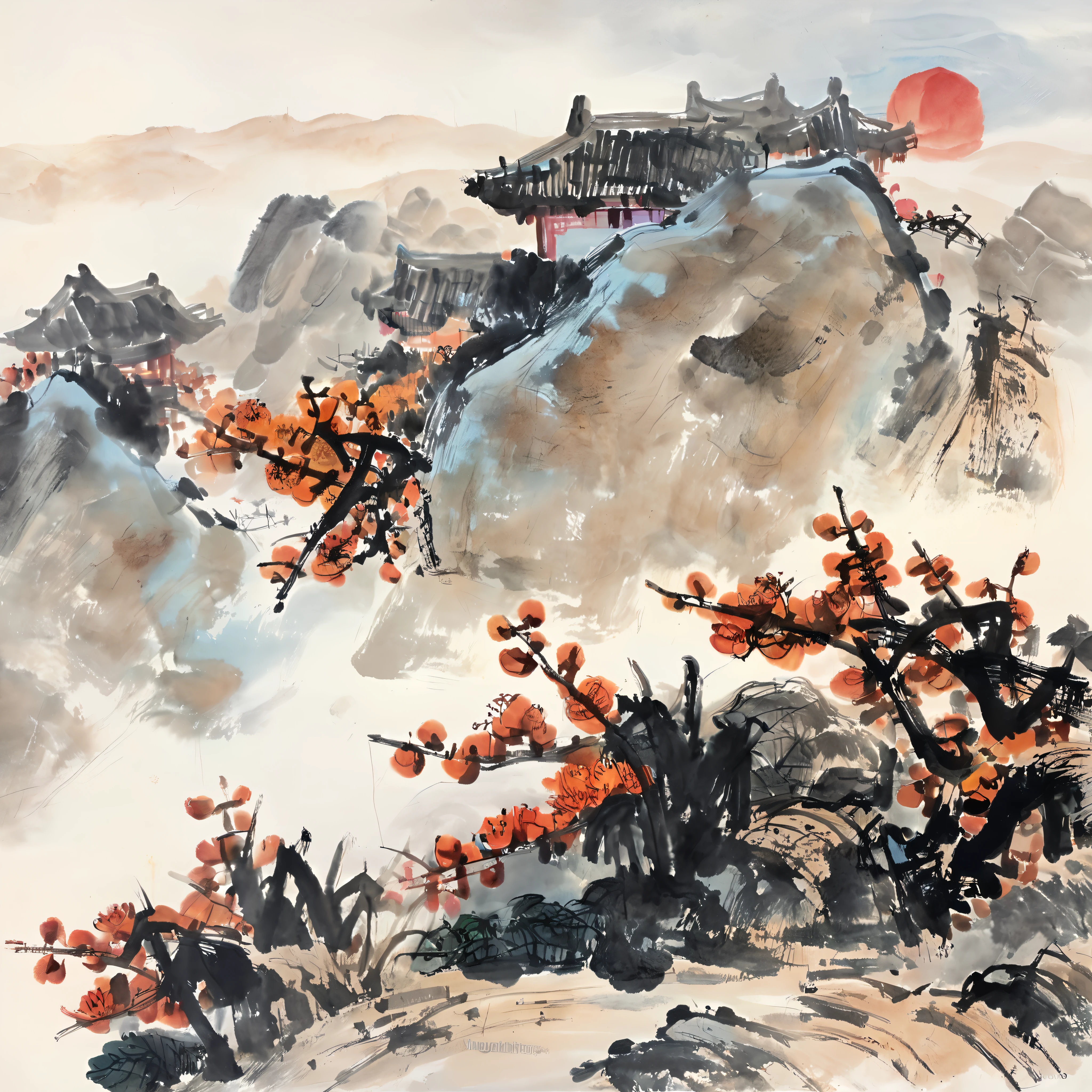 Ink painting, Chinese Painting, qi baishi, li keran, rural scenery in northern China, late autumn, orange persimmons and red persimmons, orange persimmons and red persimmons, the background is the hills and farmhouses in northern China, the whole scene is full of ink painting style, traditional Chinese brushwork, blue sky and white clouds, crisp autumn weather, official art, watercolor ink painting on parchment, beige gray, rice paper texture