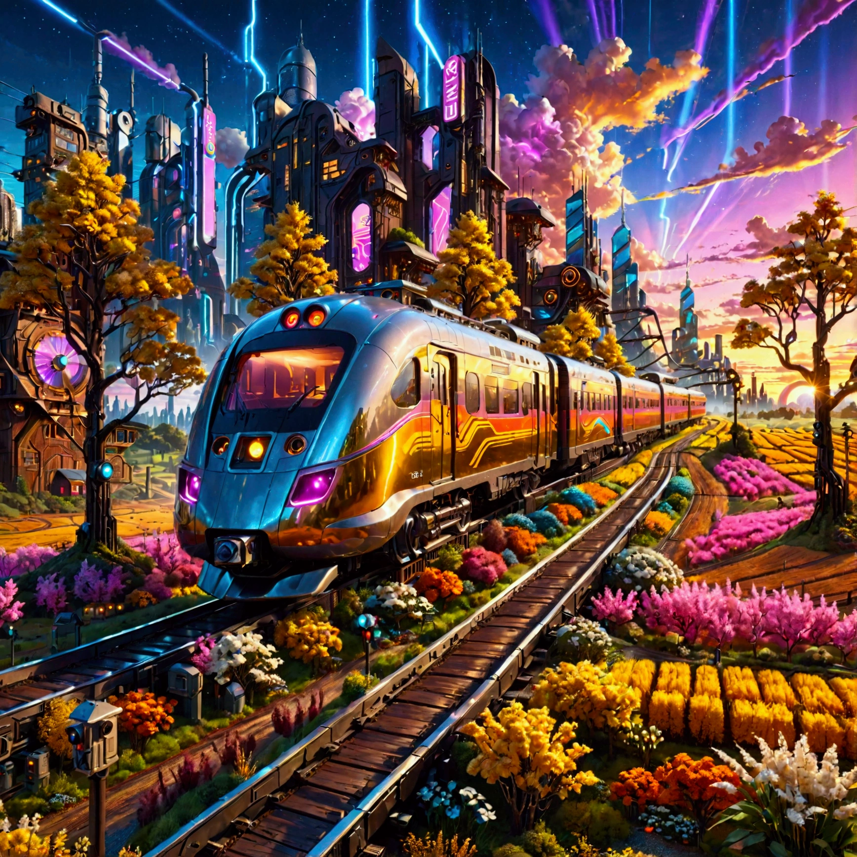 A captivating scene of a retro-style train on rural tracks heading toward a futuristic, cyber-inspired city. The train, reminiscent of a bygone era, features vintage designs like polished metal, rivets, and warm, wooden interiors. The countryside around the tracks is lush and serene, with golden fields and scattered trees under a soft, glowing sunset. In contrast, the horizon reveals a sprawling cyberpunk city with towering skyscrapers, glowing neon lights, and holographic displays. The juxtaposition of the nostalgic rural train and the vibrant, tech-driven city creates a sense of time-traveling transition, blending the charm of the past with the allure of the future, (retro train, rural tracks, futuristic city, cyberpunk skyline, polished metal, wooden interiors, glowing neon lights, holographic displays, golden fields, scattered trees, sunset, time-travel transition, juxtaposition, nostalgic, futuristic, serene countryside, vibrant city)