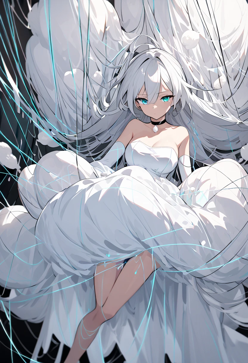 choker, voluminous hair, slim, white dress, strapless dress, white gloves, elbow gloves, white hair, long hair, aqua eyes, medium breast, ((thread, cocoon, open legs, overflowing semen))