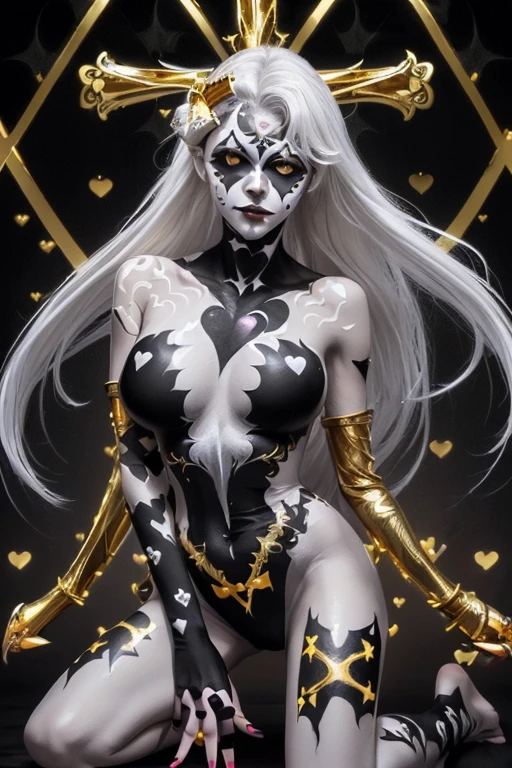 (SFW:1.3), High quality, Vampire, (Full body gold body paint:1.3), (White cross patterns body and face paint:1.4) (Black heart patterns body and face paint:1.4), (Black gradient paint towards the tip of the arms and legs:1.2), Photorealistic, silver hair, large breasts, realistic, kneeling, smile, bikini