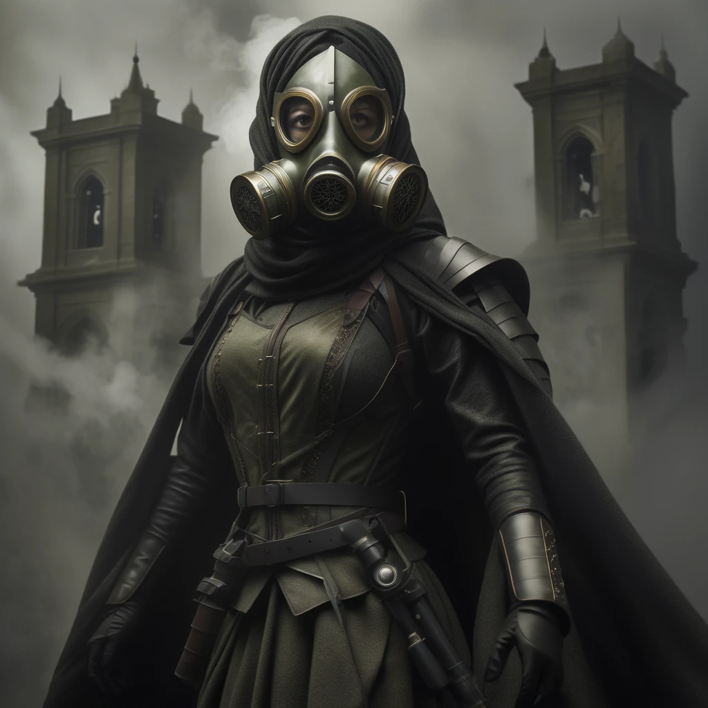 A dark fantasy old fashioned black and white photograph features a mysterious feminine figure wearing a wwi era gas mask and wwi era armor which is decorated in ornate anachronistic religious filigree and iconography as though she was a living saint of war with her cloak billowing in the strong winds as if wings made of fabric making her appear as though a combination of wwi and fantasy medieval settings standing in a dynamic pose against a foggy monochromatic background with subtle textures resembling distant ruins or debris. The central character is dressed in form-fitting WWI Era olive green armor with vertical ridges and a tight-fitting bodysuit featuring a dark brown belt with metallic buckles and straps across the chest and waist. She wears a black hooded cloak with intricate lace-like trim along the edges, flowing dramatically behind them and a WWI Era Gas Mask. A dark gray wwi era gas mask covers her face, revealing circular eye openings and a prominent filters or vents at the bottom, adding to the ominous appearance. The figure also wears leather gloves, a dark brown chest strap, a black pouch on their left hip, and knee-high boots with an amber yellow accent near the top. The lighting is low-key and diffused, creating soft shadows that enhance the texture of the armor and cloak, while casting deep shadows around the character and emphasizing the dark tones of the attire. The overall color palette consists of muted greens, blacks, grays, and browns, contributing to the somber, eerie, and sinister mood of the scene.