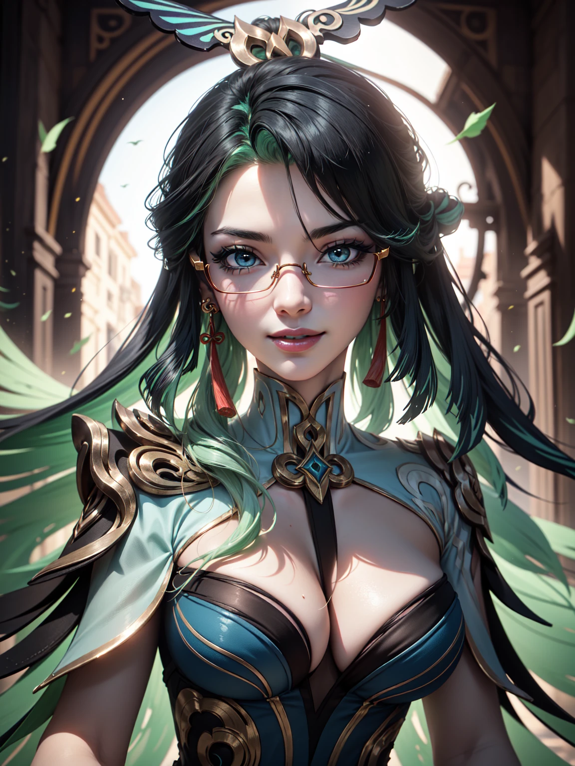 "(best quality,highres,masterpiece:1.2),medium:oil painting,(realistic:1.37),sexy wizard with blue hair and glasses,glowing magical staff,flowing robe,mesmerizing gaze,sparkling blue eyes,beautiful detailed lips,enchanting smile,spellcasting in a mystical forest,background filled with twinkling stars,soft candlelight illuminating the scene,artistic portrayal of power and elegance,vibrant colors blending seamlessly,whimsical and alluring,aura of mystery and enchantment,dimension-defying hair flowing in the wind,crystal-clear glasses reflecting the magic of the world,meticulously painted intricate details,creating a captivating and seductive persona."