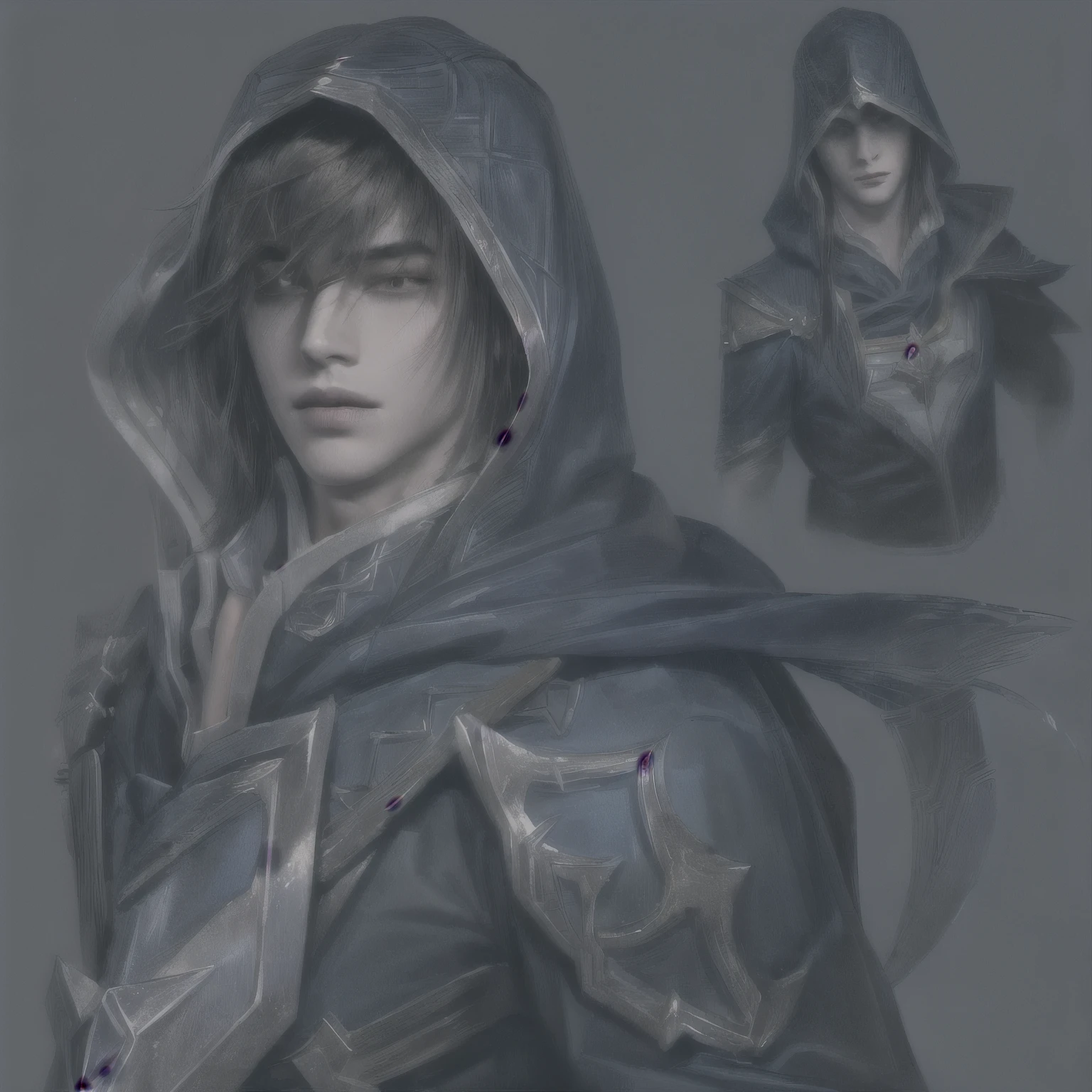 Talon (league of legends), masterpiece, best quality, realistic, 1man, young male, quiet and charming young man, 20 years old, close his eyes, serious, closed mouth, extremely detailed face, cold, ((dark eyes)),straight layered bangs hair ((hair medium hair long in length)), [thick eyebrows], ((blue clothes)), accurate, detailed, capuz na cabeça, hood, little blades in the clothes, capuz com uma ponta em cima da testa, armadura no ombro esquerdo