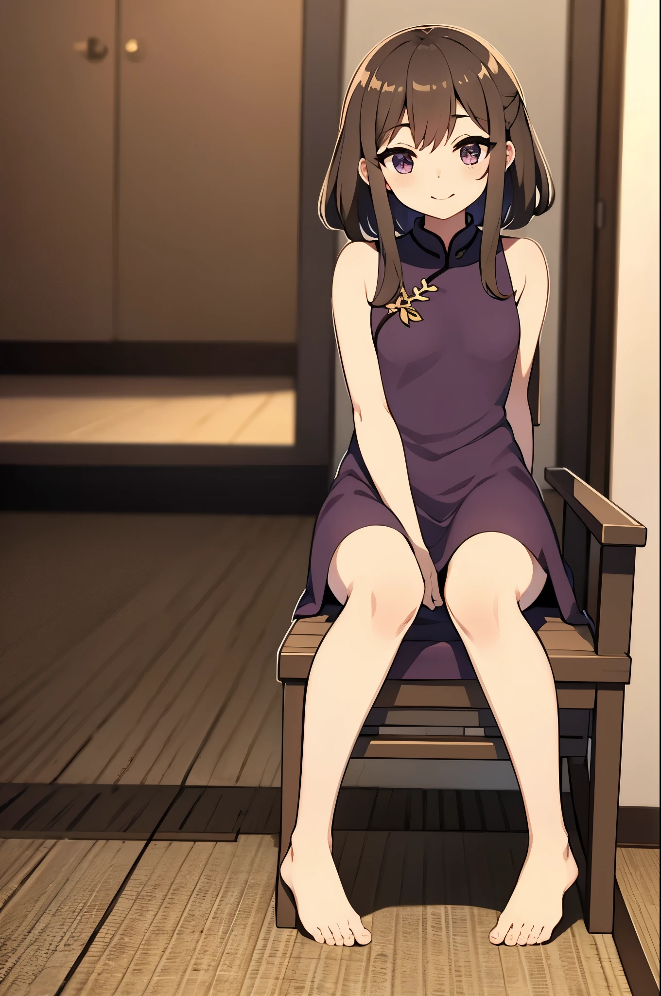 in door, in chinese house, (purple china dress), blush, shy, sitting on chair, up right leg, anime style, ultra high res, break Best quality, adult body, UHD, sharpen, bare foot, 32k, masterpiece,