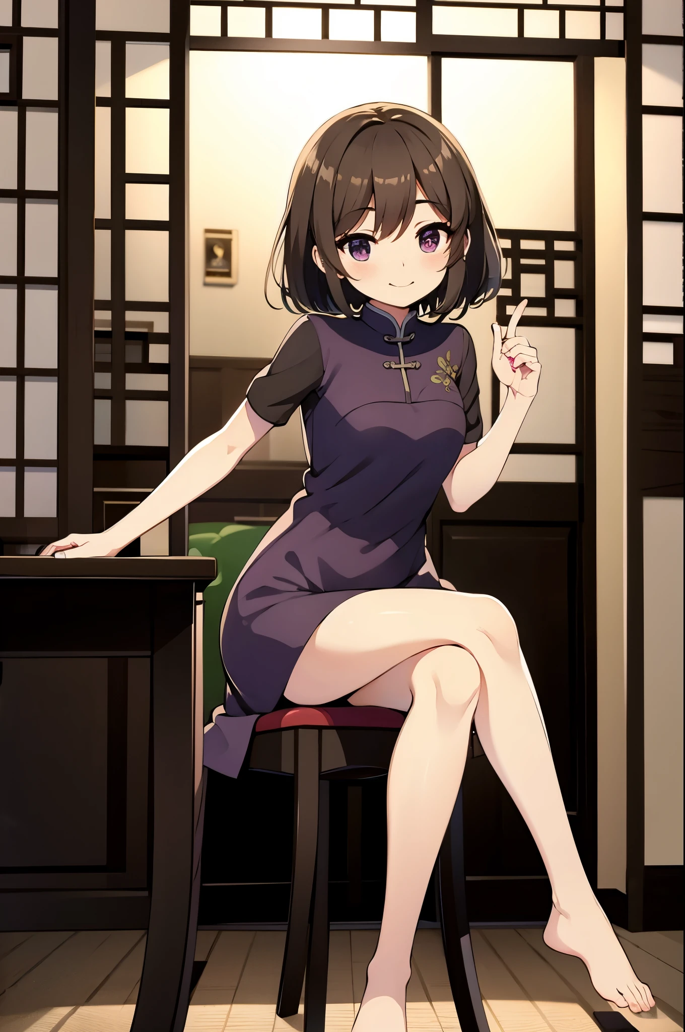 in door, in chinese house, (purple china dress), blush, shy, sitting on chair, up right leg, anime style, ultra high res, break Best quality, adult body, UHD, sharpen, bare foot, 32k, masterpiece,