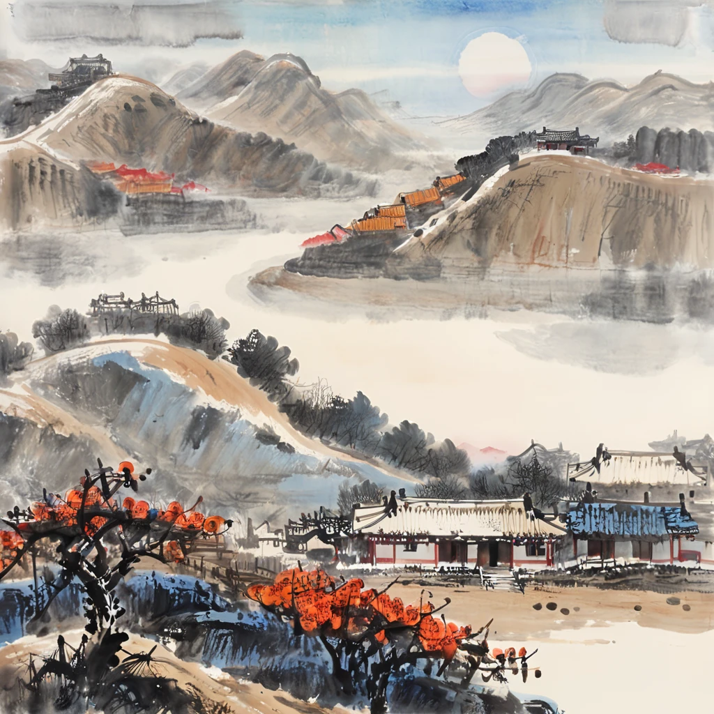 Ink painting, Chinese Painting, qi baishi, li keran, rural scenery in northern China, late autumn, orange persimmons and red persimmons, orange persimmons and red persimmons, the background is the hills and farmhouses in northern China, the whole scene is full of ink painting style, traditional Chinese brushwork, blue sky and white clouds, crisp autumn weather, official art, watercolor ink painting on parchment, beige gray, rice paper texture