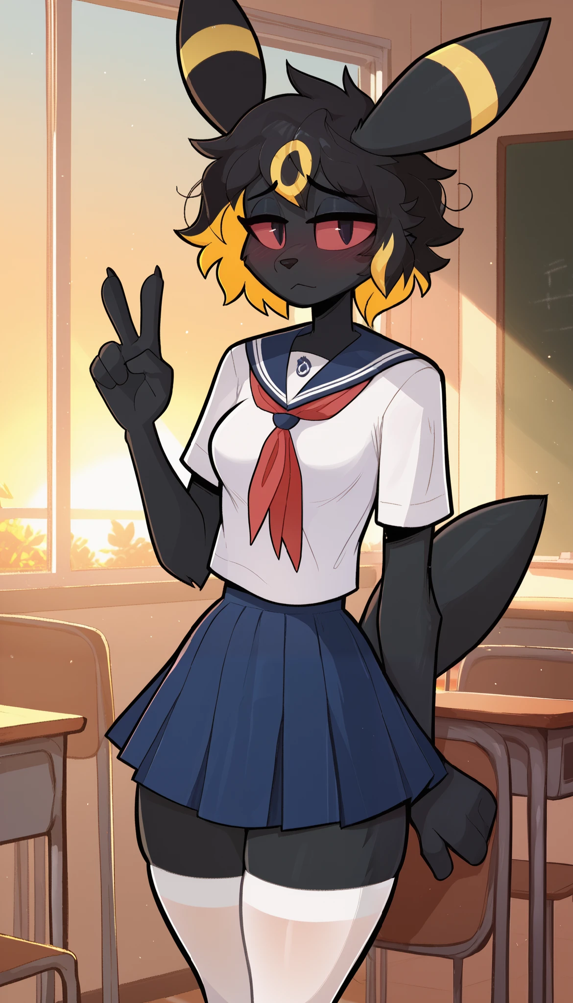 Very shy expression, 1girl, anthro, furry, fur, fluffy fur, umbreon girl, black hair (yellow highlights), short hair, messy hair, (18 years), black eyes, red sclera, medium breast, thicc thighs, (classroom), (sunset), (school uniform, blue skirt, white thighhighs), half-closed eyes, detailed, trying to not look at the viewer, (shy, tímid), peace sign on both hands, (kilinah), score_9, score_8_up, score_7_up, score_6_up, score_5_up, score_4_up