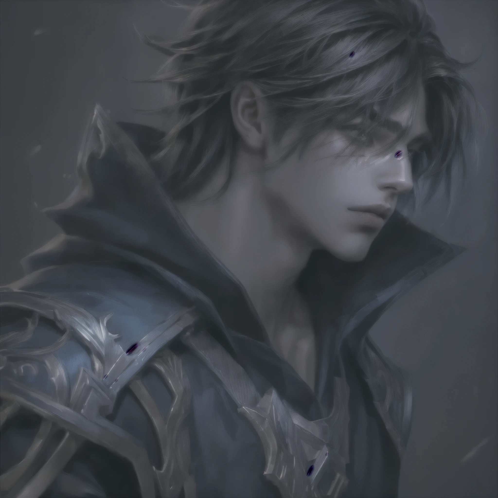 Talon (league of legends), masterpiece, best quality, realistic, 1man, young male, quiet and charming young man, 20 years old, close his eyes, serious, closed mouth, extremely detailed face, cold, ((dark eyes)),straight layered bangs hair ((hair medium hair long in length)), [thick eyebrows], ((blue clothes)), accurate, detailed, capuz na cabeça, hood, little blades in the clothes, capuz com uma ponta em cima da testa, armadura no ombro esquerdo, he is sad