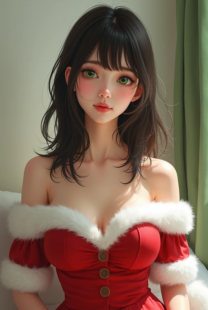 Red knit, turtleneck, Santa Claus red costume, (Open all buttons: 1.1), Santa Claus hat, big, big breasts, deep cleavage, chest hugging, top quality, masterpiece, illustration, very delicate and beautiful, very detailed, CG, unity, 8K wallpaper, amazing, fine details, highly detailed CG Unity 8K wallpaper, huge file size, Very detailed, high resolution, handsome detail woman, very detailed big eyes and face, amazing detailed eyes, face light, (Best illustration: 1.1), (Best shadow: 1.1), Ultra high resolution, (Photoreal: 1.1), (Photoreal: 1.2:1.1), realistic face proportions, slender, smile, (makeup: 0.4), (fluffy pale colored eyes: 1.21), Light colored eyes, round eyes, looking at the beholder, dark brown hair, earrings, necklaces, hairpins, (irregular irregular skin imperfections, veins, wrinkled pores on the skin: 1.2), white background, (bokeh: 1.4), straight hair, very short hair, short bob hair, slightly bangs, bangs, gloss on skin, gloss on face, gloss on lips, gloss on chest, smile, teeth, Beautiful teeth, long neck, big eyes, clear eyes, clear double eyelids, both ears out, tremendously cute, overwhelming beauty, highlights in the eyes, chest closer, facing forward, body facing the viewer, hands on cheeks, perfect and detailed and beautiful hands, perfect and detailed and beautiful fingers, accurate number of arms, precise number of fingers, reaching out to the camera