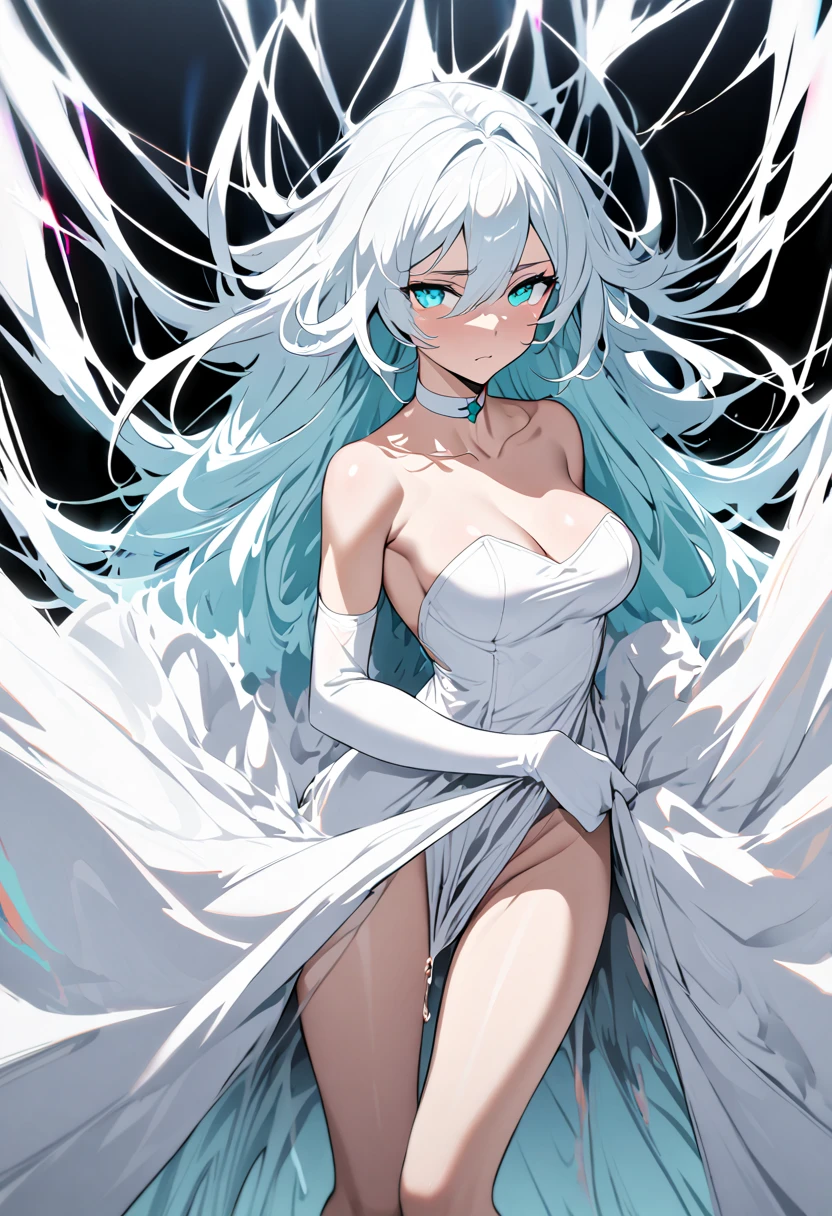 choker, voluminous hair, slim, white dress, strapless dress, white gloves, elbow gloves, white hair, long hair, aqua eyes, medium breast, ((open legs, overflowing semen))