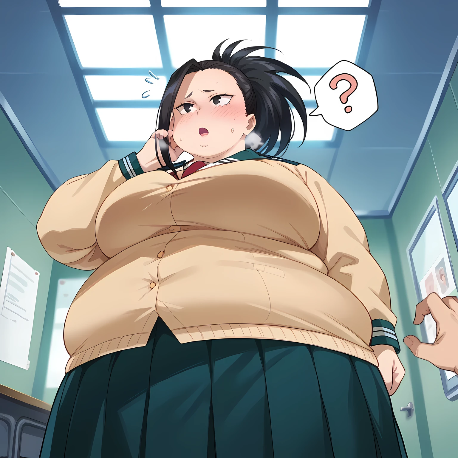 fat body, tall, yaoyorozumomo, black eyes, black hair, ponytail, long hair, hair pulled back, school uniform, fat body, t big . , desireable, tempting, lust, ffat, chubby, obese, open mouth, out of breath, absurdres, highres icon, rating:General, confused, blush, spoken question mark, {flustered}, nervous sweating, portrait, pov hands, hand on another's cheek, averting eyes, [looking away], straight-on, from below, swollen face