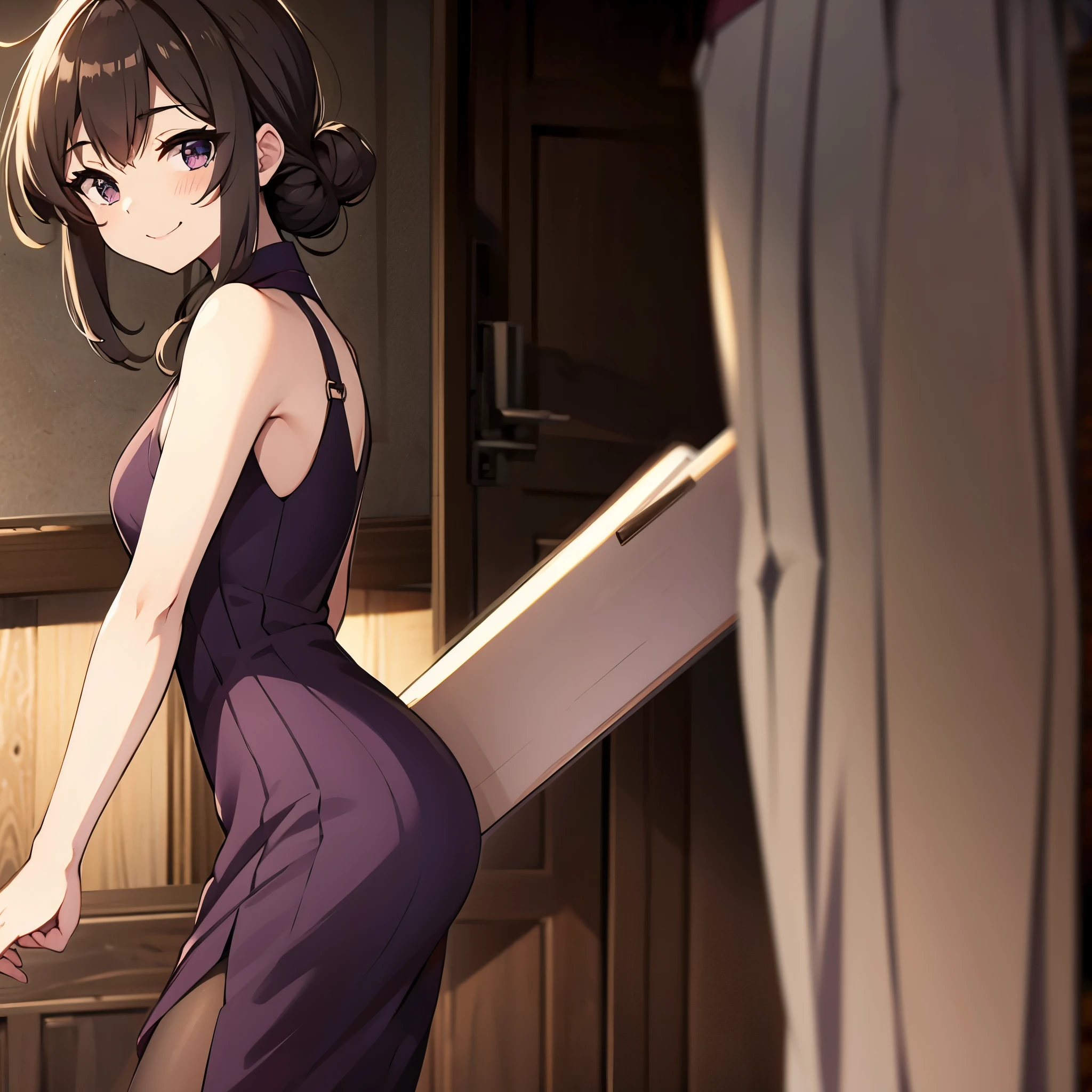 in door, in chinese house, focus face, (purple china dress), grin, anime style, ultra high res, break Best quality, UHD, sharpen, 32k, masterpiece,