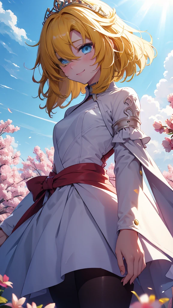 Superflat, Flat Shading, Flat Color, close, Low Angle, Wide-angle, One Girl， 19 years old, Asian, Wedding dress, Anime visuals of cute girls, Cute anime girl, , Cute Anime, Cute:2,  anime style 4 k, kawaii realistic portrait, cute anime style, young anime girl, Laid back girl, 1girl, future princess guardian tales, yellow hair, short hair, hair band, bangs, hair over one eye, one eye covered, smile happily, detailed beautiful eyes, blue eyes, Absurd, High resolution, ,  Standing in a flowery meadow，At dawn，Beautiful sunrise，，Vibrant colors，