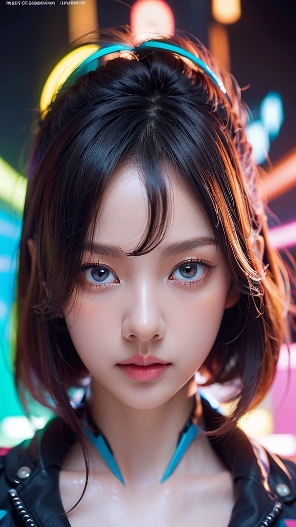 (masterpiece, highest quality, highest quality, Official Art, beautifully, aesthetic:1.2), Portrait Photography, (Cyberpunk beautiful girl 1 person), Big iridescent eyes, Beautiful skin, (Pink and blue long hair with bangs), Very detailed, (Neon colored fractal art:1.3), Perfect lighting, Sharp focus, High resolution, High resolution, High color rendering, High resolution, Super realistic,