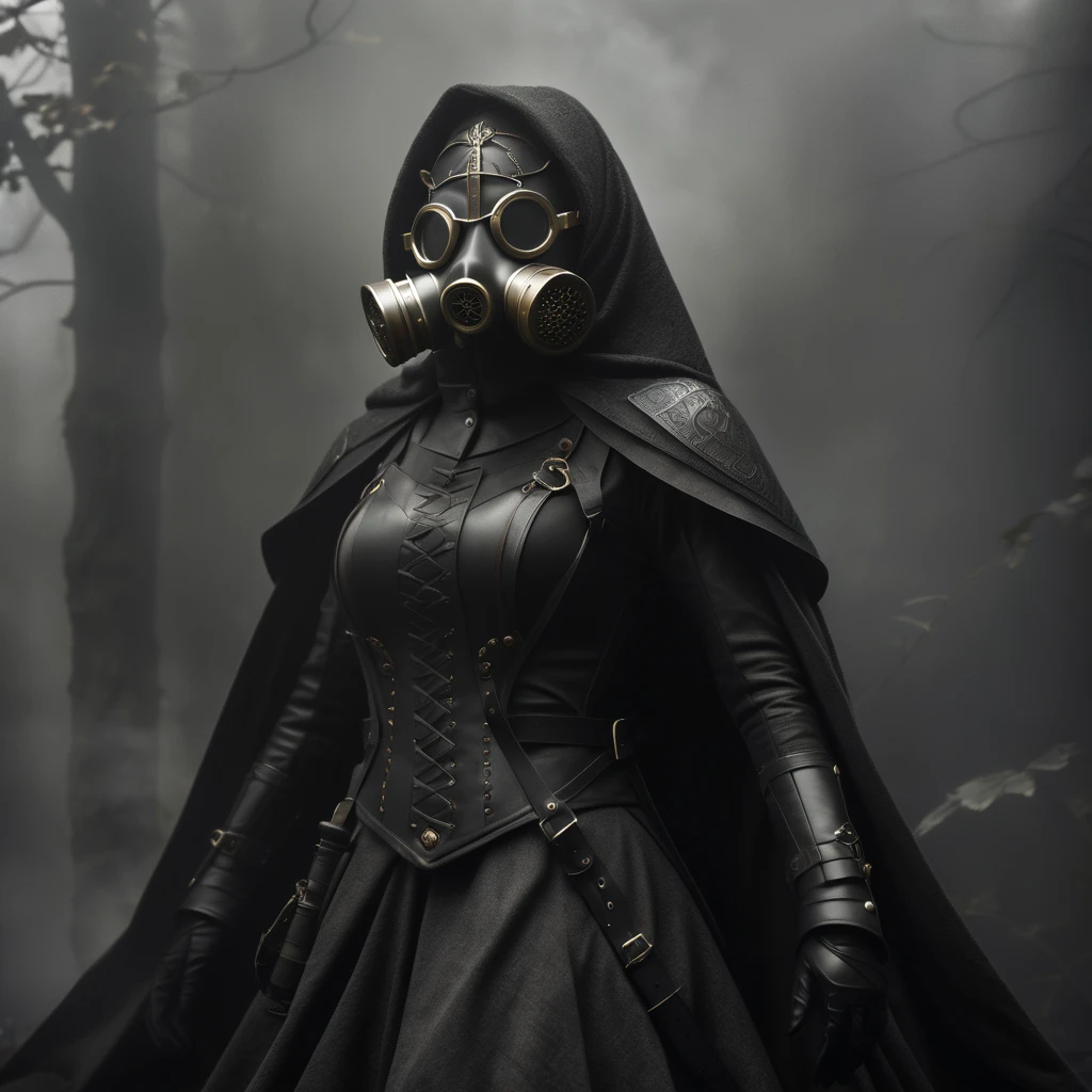 A dark fantasy old fashioned black and white photograph features a mysterious feminine figure wearing a wwi era gas mask with tinted black glass eyes and wwi era armor which is decorated in ornate anachronistic religious filigree and iconography as though she was a living saint of war with her cloak billowing in the strong winds as if wings made of fabric making her appear as though a combination of wwi and fantasy medieval settings standing in a dynamic pose against a foggy monochromatic background with subtle textures resembling distant ruins or debris. The central character is dressed in form-fitting WWI Era charcoal grey armor with vertical ridges and a tight-fitting bodysuit featuring a dark brown belt with metallic buckles and straps across the chest and waist. She wears a black hooded cloak with intricate lace-like trim along the edges, flowing dramatically behind her and a WWI Era Gas Mask. A dark leather gray wwi era gas mask covers her face, revealing circular eye openings and a prominent filters or vents at the bottom, adding to the ominous appearance. The figure also wears leather gloves, a dark brown chest strap, a black pouch on their left hip, and knee-high boots with an amber yellow accent near the top. The lighting is low-key and diffused, creating soft shadows that enhance the texture of the armor and cloak, while casting deep shadows around the character and emphasizing the dark tones of the attire. The overall color palette consists of muted greens, blacks, grays, and browns, contributing to the somber, eerie, and sinister mood of the scene.