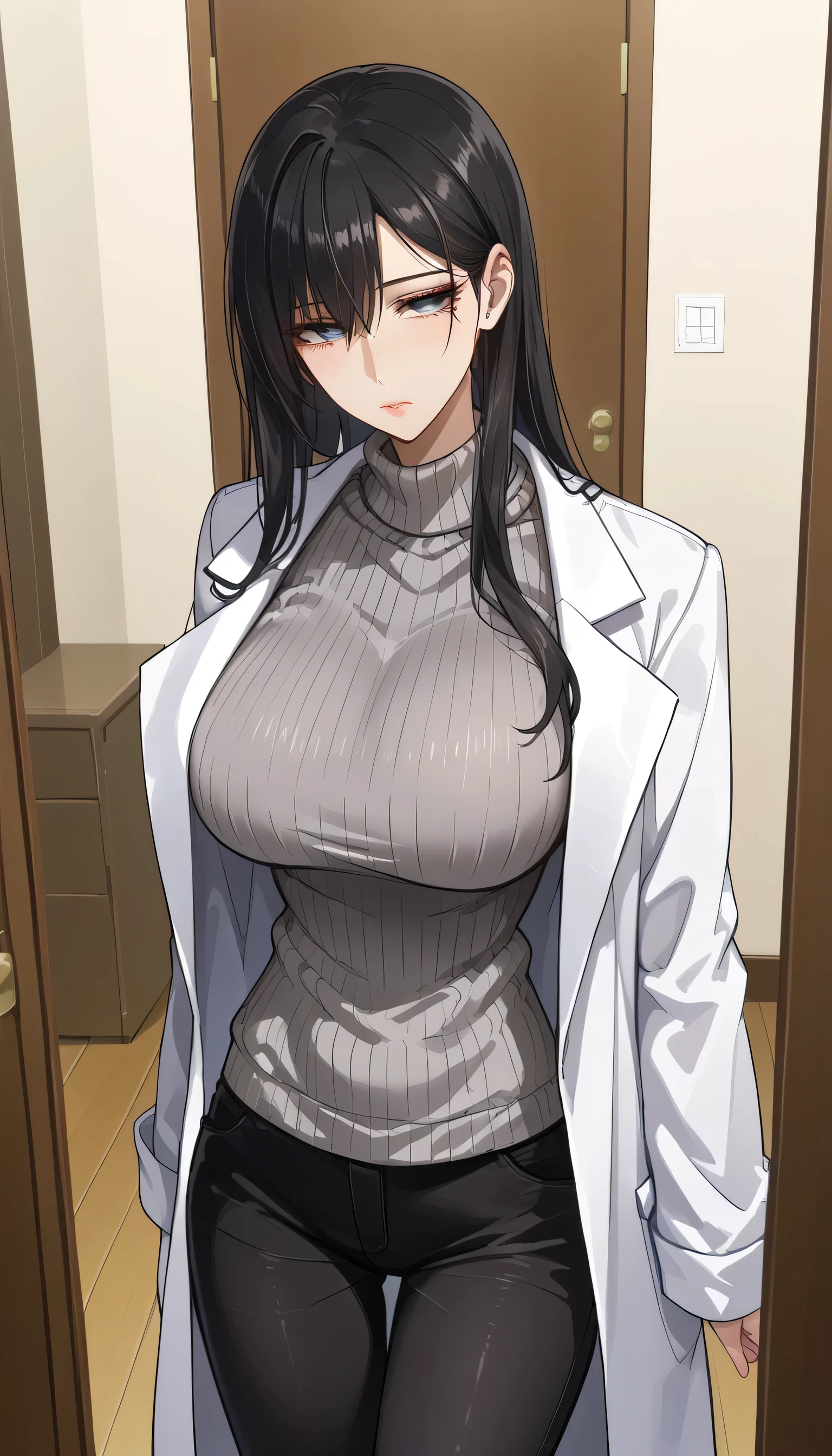  score_9,  score_8_up,  score_7_up,  source_Anime,masterpiece, best quality, BEAUTIFUL AND DETAILED EYES ,  beautiful detailed lips, Relaxed Expression 、Unhealthy、 very detailed eyes and faces, tired look、 long breasts, 1 female, Put on a white coat、 sweater under a white coat, doctor、 Grey Sweater 、 grey sweater、 Dowel Dowel Sweaters、Matte Clothes 、Black Skinny、 long black pants  , Big saggy breasts, shockingly  Big Breasts ,  Big Breasts , room,  No Emotion 、 zitales,  taken from above、makeup、 no makeup、 black hair、 long hair、 zitales、A tired face、A painful face