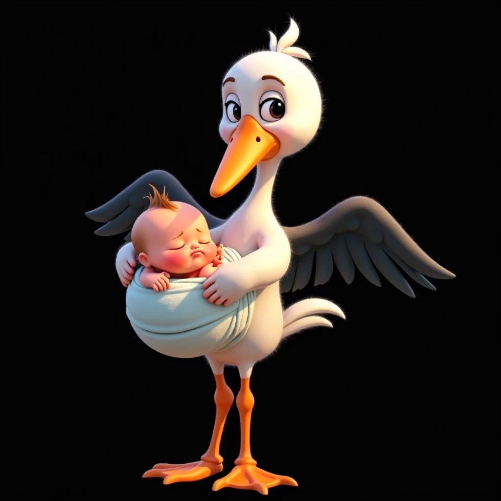 Inspired by the drawings and arts and 3D characters of Disney Pixar, create the image of a stork with a  in its beak. It carries it through a diaper that is tied to its beak. It carries it through an improvised diaper as if it were a swing. It holds the diaper through the knot with its beak and goes far away to deliver it to some family. The baby its eyes closed and is certainly sleeping. The background is all black for cutting in png