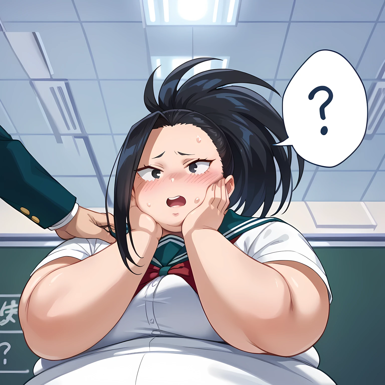 fat body, tall, yaoyorozumomo, black eyes, black hair, ponytail, long hair, hair pulled back, school uniform, fat body, t big . , desireable, tempting, lust, fat, chubby, obese, open mouth, out of breath, absurdres, highres icon, rating:General, confused, blush, spoken question mark, {flustered}, nervous sweating, portrait, pov hands, hand on another's cheek, averting eyes, [looking away], straight-on, from below, swollen face
