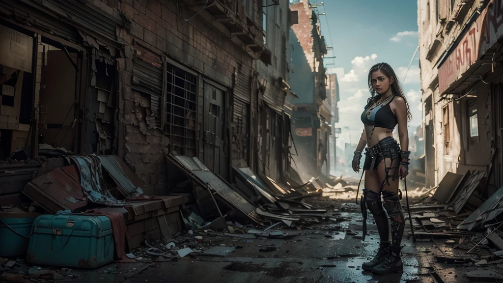 masterpiece, high resolution,8K,(Portrait Photos:1.5),(R Original Photo),Reality,Digital Photography,(Apocalyptic ruins ),City ruins，beautiful 20 year old woman，sentry， post-apocalyptic scene， upper body photography ， broken clothes