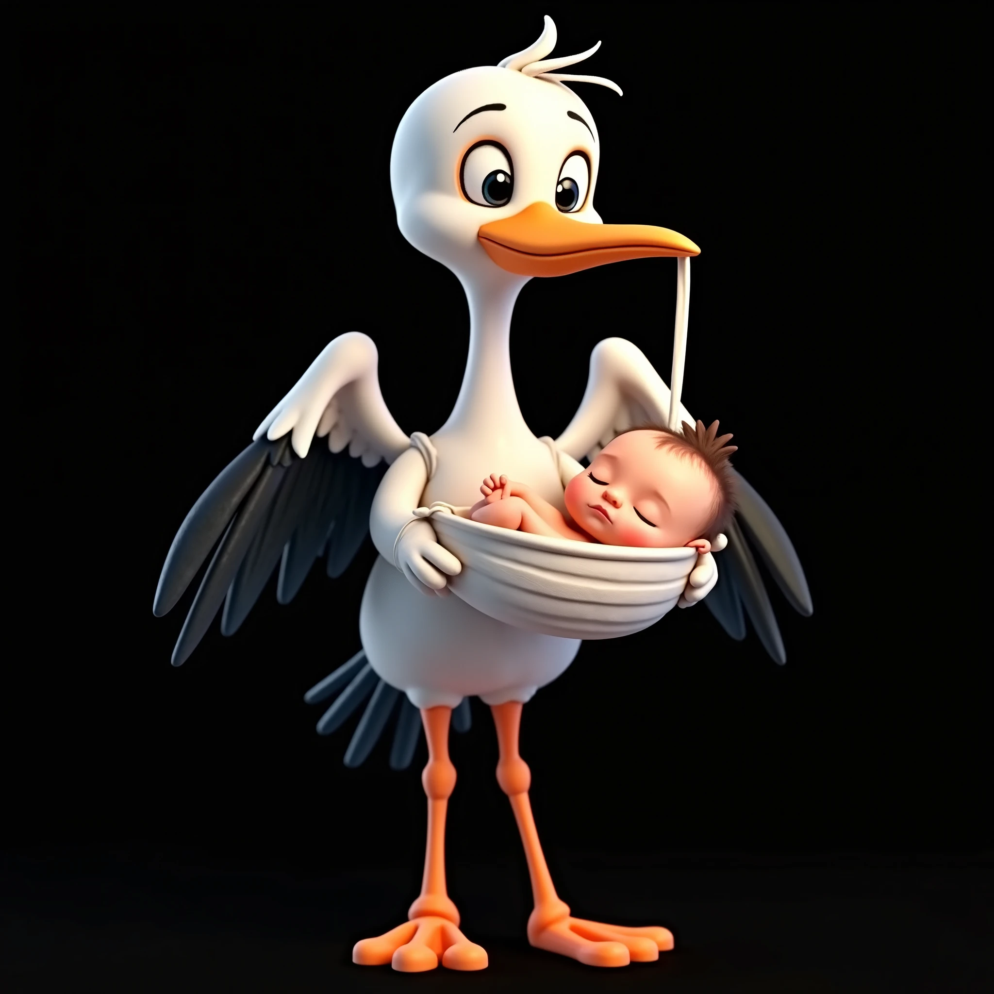 Inspired by the drawings and arts and 3D characters of Disney Pixar, create the image of a stork with a baby in its beak. It carries it through a diaper that is tied to its beak. It carries it through an improvised diaper as if it were a swing. It holds the diaper through the knot with its beak and goes far away to deliver it to some family. The baby has its eyes closed and is certainly sleeping. The background is all black for cutting in png